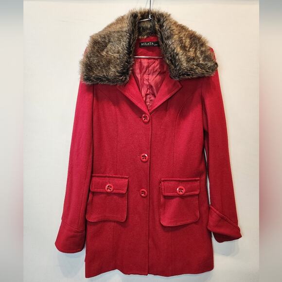 Vintage Red Winter Coat Faux Fur Removable Fur Collar Size M